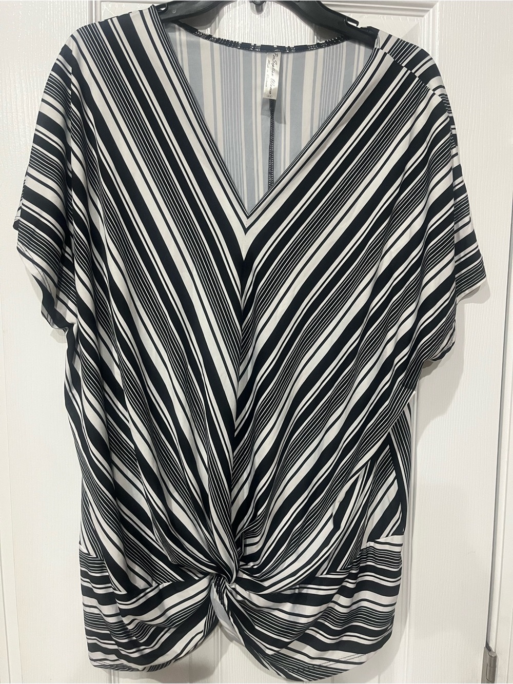 Perseption Black and White Striped V-Neck Twist-Front Tunic